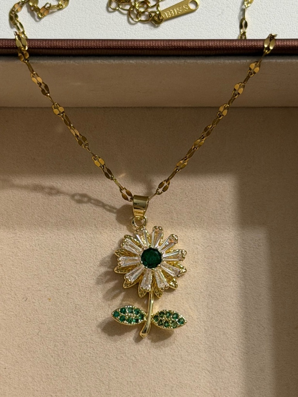 Golden Daisy with Micro-Pave Green Crystal Pendant Stainless Steel Necklace